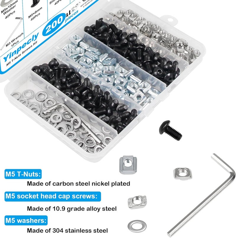 Yinpecly 200Pcs M5 T-Nuts Screws Kit, Hammer Head T Slot Nut for 2020 Series Aluminum Extrusion, M5 Hexagon Socket Screws, T Sliding Nut, Washers, Black - Image 3